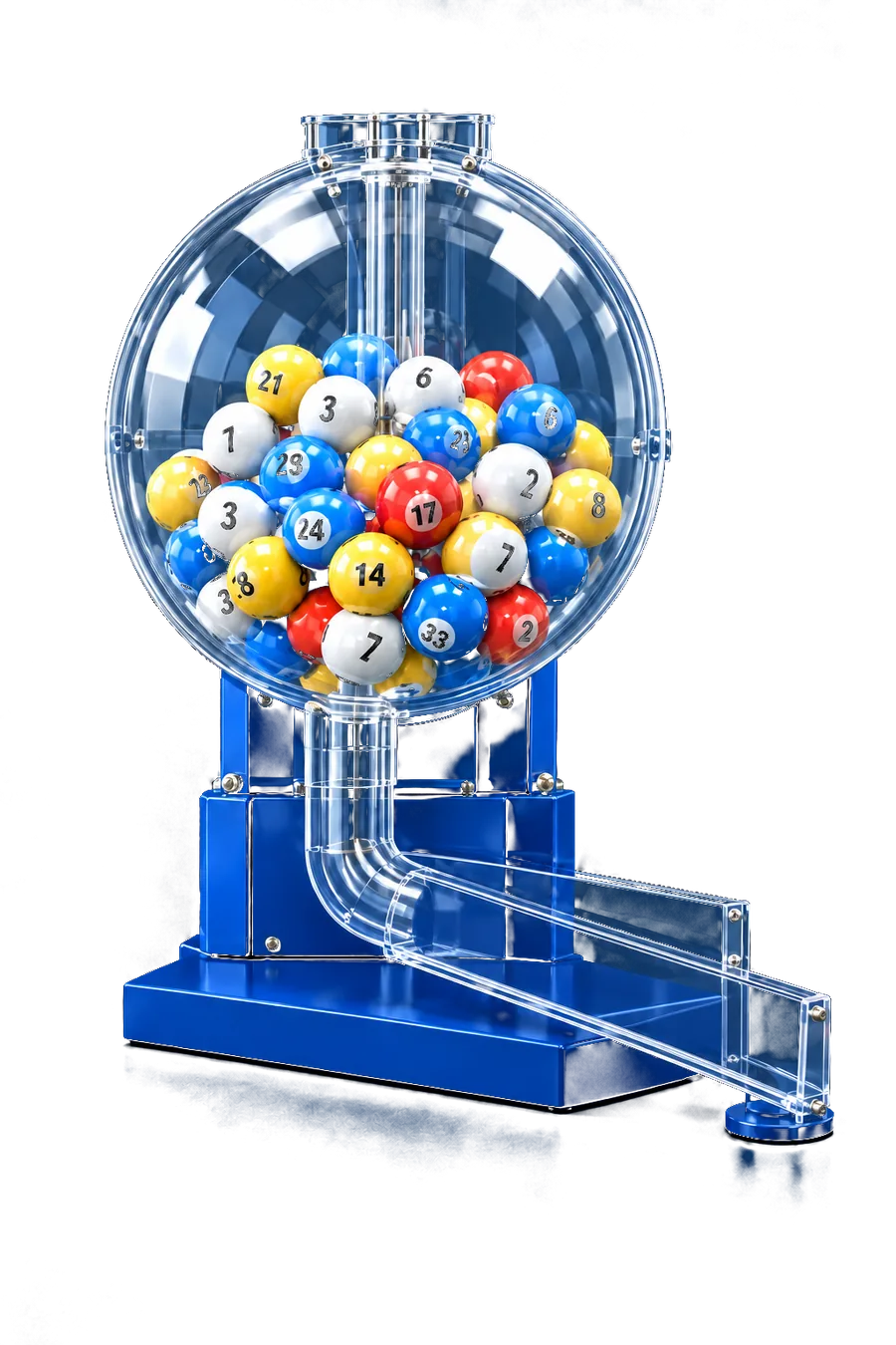 A lottery draw machine: a clear drum packed with numbered balls above an empty chute